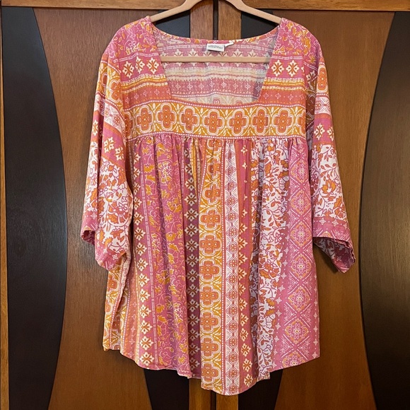 The Vermont Country Store Boho Pink&Orange Several Placement Print Patterned Top - Picture 1 of 7
